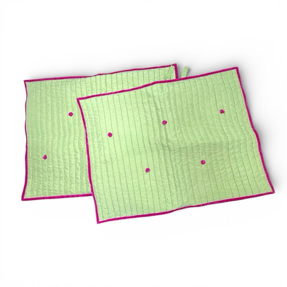 Lot of 2 Pottery Barn Silk Cotton Quilted Channel Stitch Shams Green Pink Girly